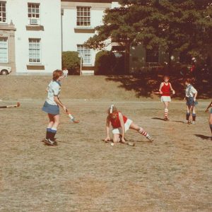 Hockey Sancta v Wesley 1986 (Sancta players L-R Kate Hannan, Liz Hannan, Sally Colgan)