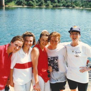 Sancta rowing 1991 (L-R Liz Smith, Fi Henry, Smone Lampard, Kate O'Brien, Louise Trott)