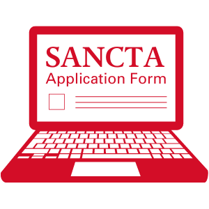 A graphic showing a laptop with a Sancta application form open on it.