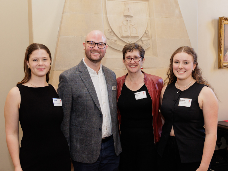 Wendy Mason, CEO of the Country Education Foundation, stands with Sancta–CEF Scholarship recipients Bridget Ritter and Lorelai Champion, and Sancta Director of Community Engagement Hayden Edwards, all smiling for the camera.